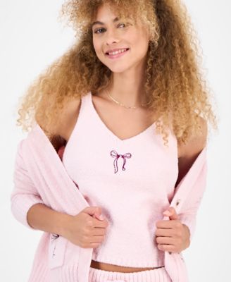 Juniors' Bow Teddy-Knit Tank And Cardigan Set 