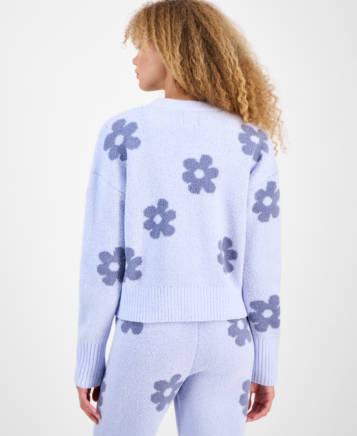 Hippie Rose Juniors' Floral Teddy-knit Tank And Cardigan Set In Blue