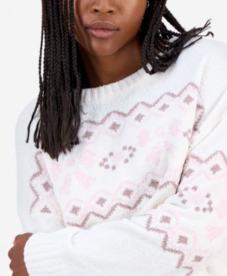 Juniors' Patterned Knit Chenille Crewneck Sweater