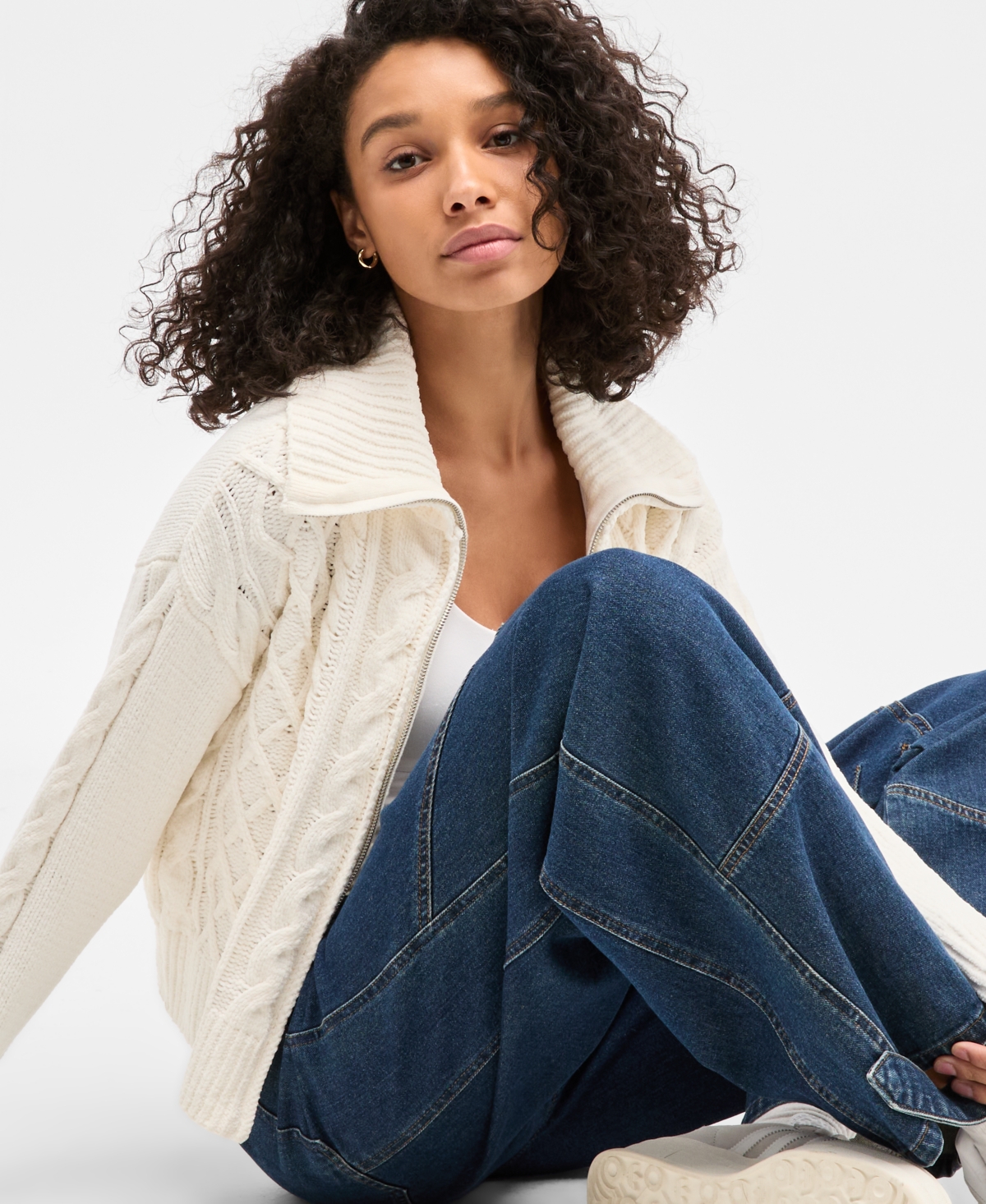 Hippie Rose Juniors' Chenille Cable-Knit Collared Full-Zip Cardigan