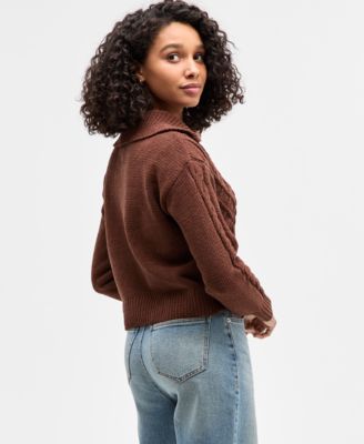 Juniors' Chenille Cable-Knit Collared Full-Zip Cardigan Sweater