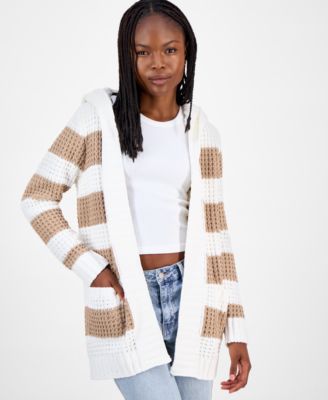 Juniors' Sherpa-Lined Striped Open Cardigan
