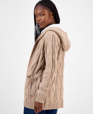 Juniors' Sherpa-Lined Cable-Knit Open Cardigan