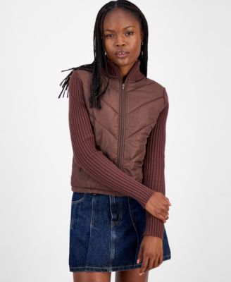 Juniors' Quilted-Front Full-Zip Cardigan