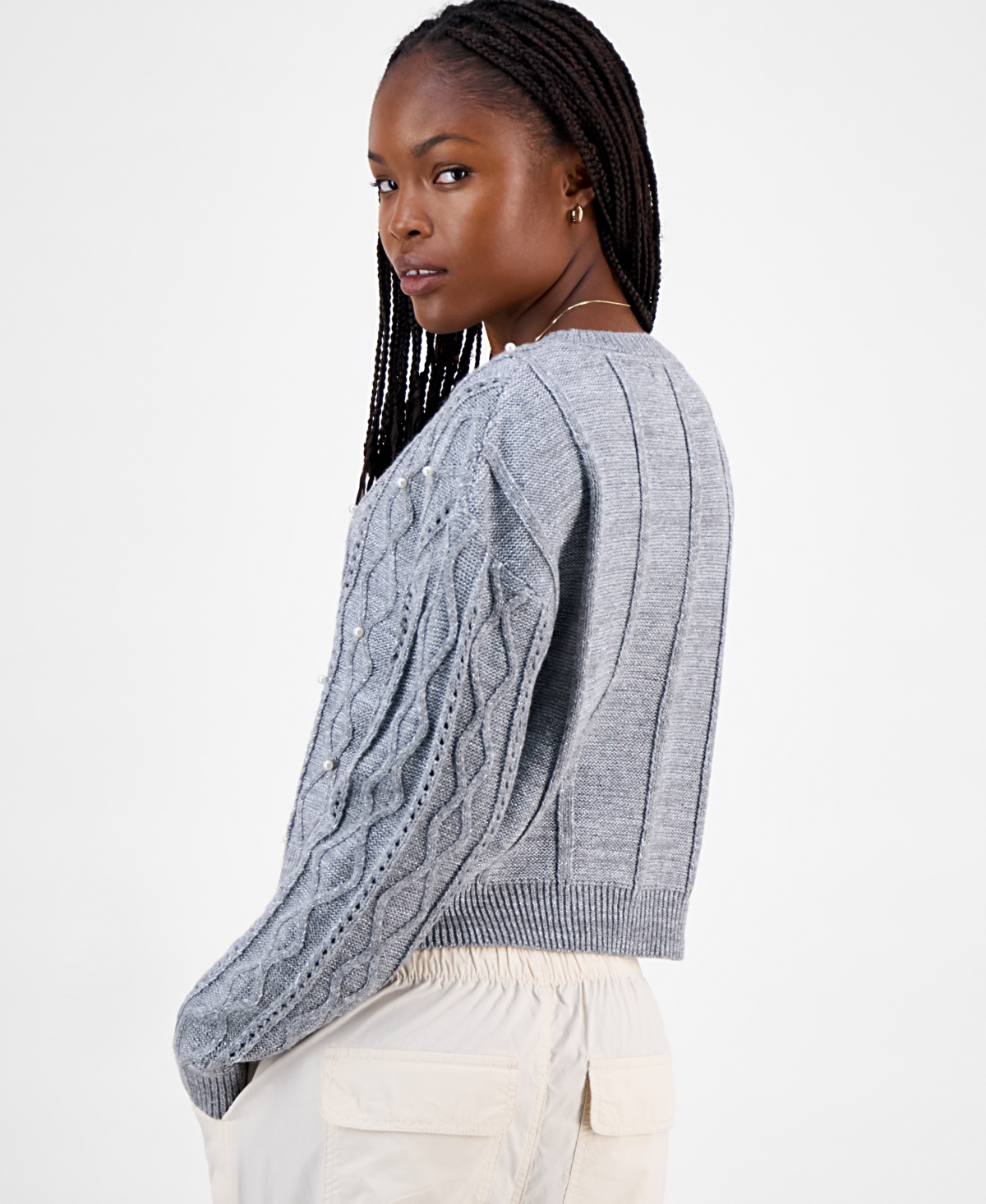 Madden Girl Juniors' Cable-knit Faux-pearl Crewneck Sweater In Gray