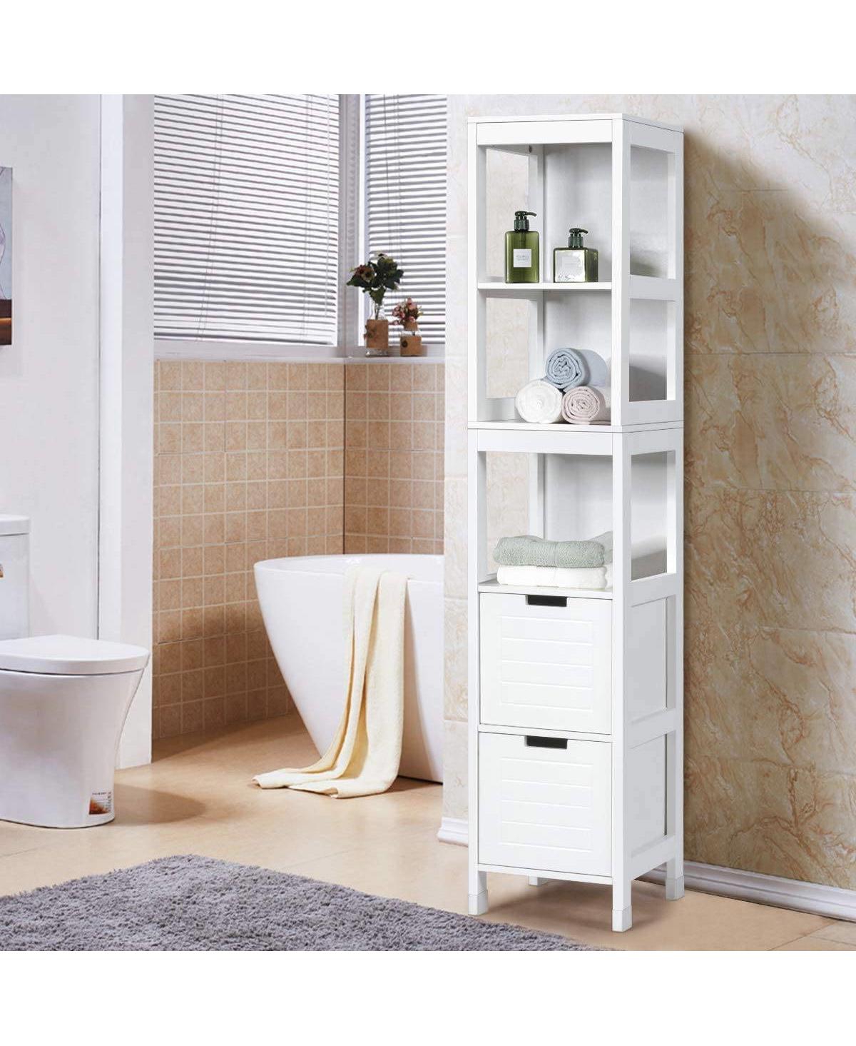 Slickblue Bathroom Cabinet Tower with 2 Storage Drawers and 3 Shelves in Wood Finish
