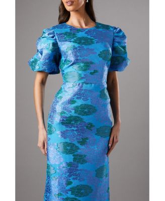 Women's Jacquard Floral Puff Sleeve Midi Dress