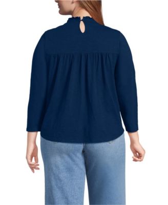 Women's Plus Size 3/4 Sleeve Cotton Slub Lace Trim Top