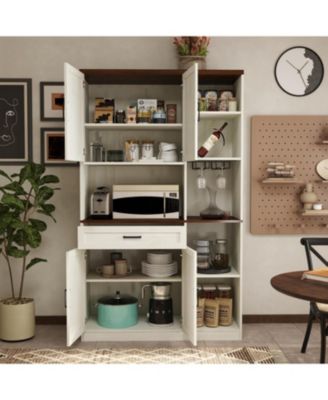 Antique White 71" Farmhouse Pantry Hutch Cabinet, Barn Door Kitchen Storage with LED Lights & Adjustable Shelves, Freestanding Sideboard with Glass Holder