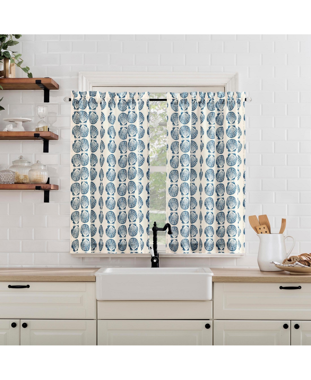 No. 918 Seaside Tonal Seashell Print Semi-Sheer Rod Pocket Kitchen Curtain Tier Pair