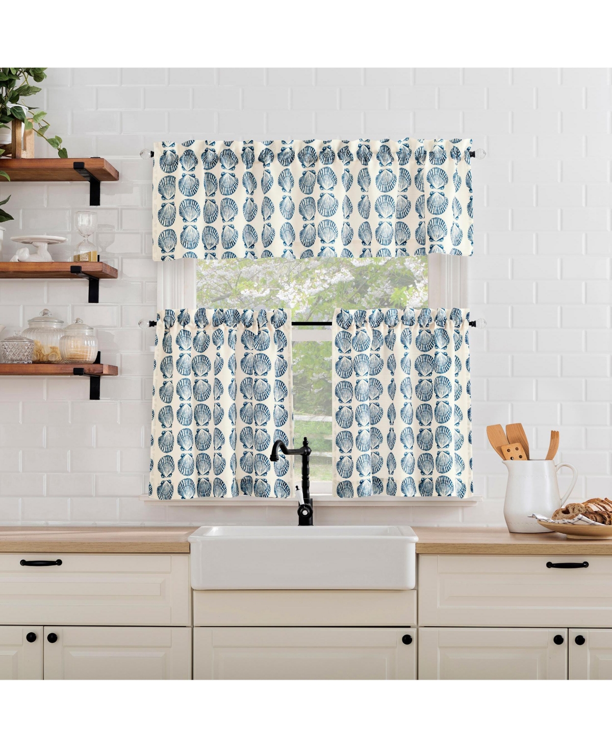 No. 918 Seaside Tonal Seashell Print Semi-Sheer Rod Pocket Kitchen Curtain Tier Pair