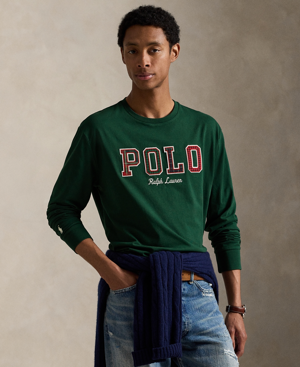 Polo Ralph Lauren Men's Long-Sleeve Plaid-Logo Applique T-Shirt