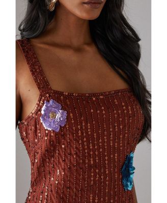 Women's Hand Embellished Flower Burst Midi Dress