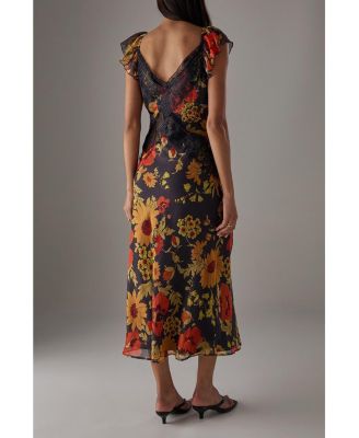 Women's Lace Insert Frill Sleeve Midi Dress