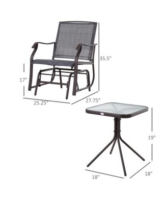 3 Piece Outdoor Glider Chair with Coffee Table Bistro Set, 2 Patio Rocking Swing Chairs with Breathable Sling Fabric, Glass Tabletop, for Backyard, Garden and Porch, Gray