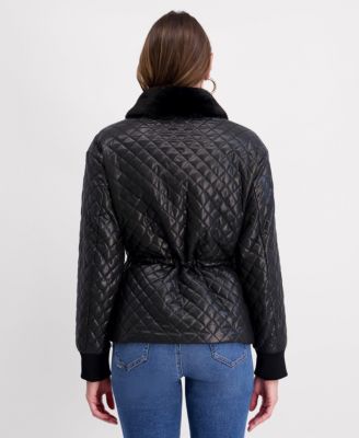 Women's Cinched Waist Quilted Jacket with Faux Fur Collar