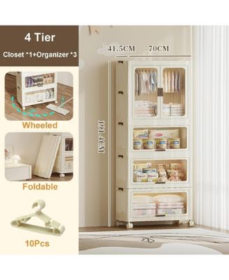 4 Tier Portable Kids Wardrobe Closet with Doors - Baby Clothes Organizer with Wheels, Collapsible Wardrobe Closet with Hanging Rod, Includes 10 Hangers, Ideal for Bedroom, Playroom