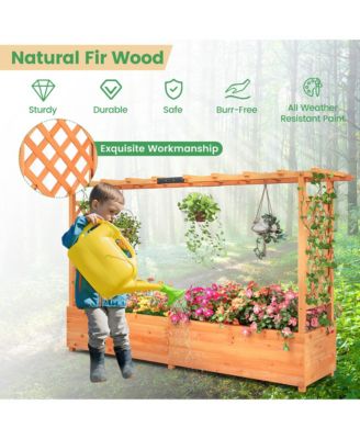 Raised Garden Bed w/ 2-Sided Trellis & Hanging Roof Fir Wood Planter Box w/ Drainage Holes