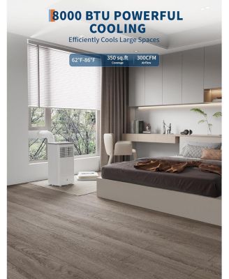 8,000 BTU Portable Air Conditioner - Floor Standing, Cooling, Fan & Dehumidifier, 24H Timer, Window Kit Included, Black & White Top Cover