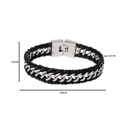 Braided Leather and Chain Overlay Bracelet - 8.5''