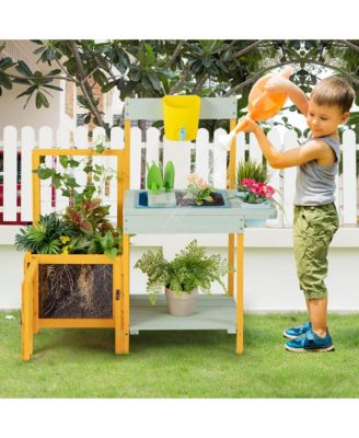 Wooden Potting Bench for Kids w/ See-Through Window Planter Box Garden Trellis