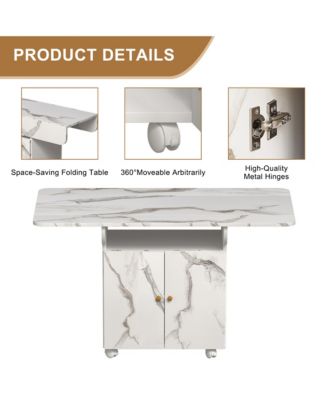 CASAINC 47" MDF, Marble Finish Folding Design, Storage Rack, Cabinet, Lockable Wheels Dining Table