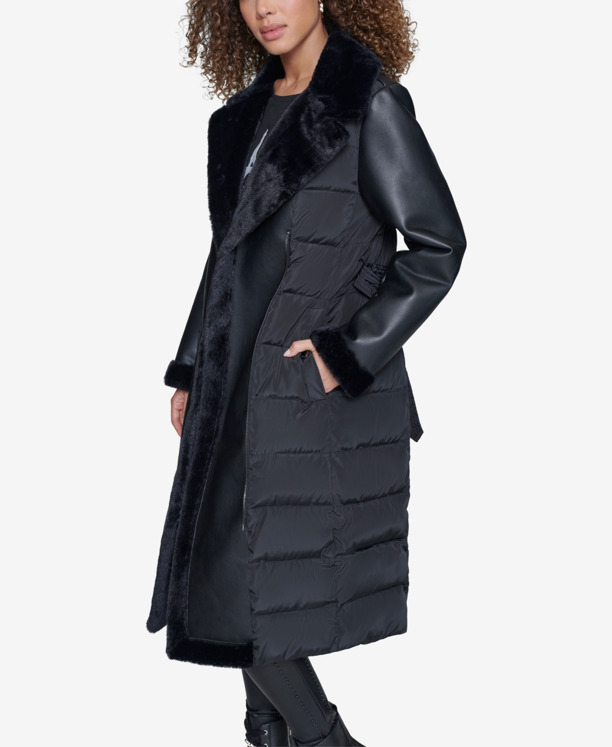 Karl Lagerfeld Paris Faux Fur Trim Quilted Coat In Black