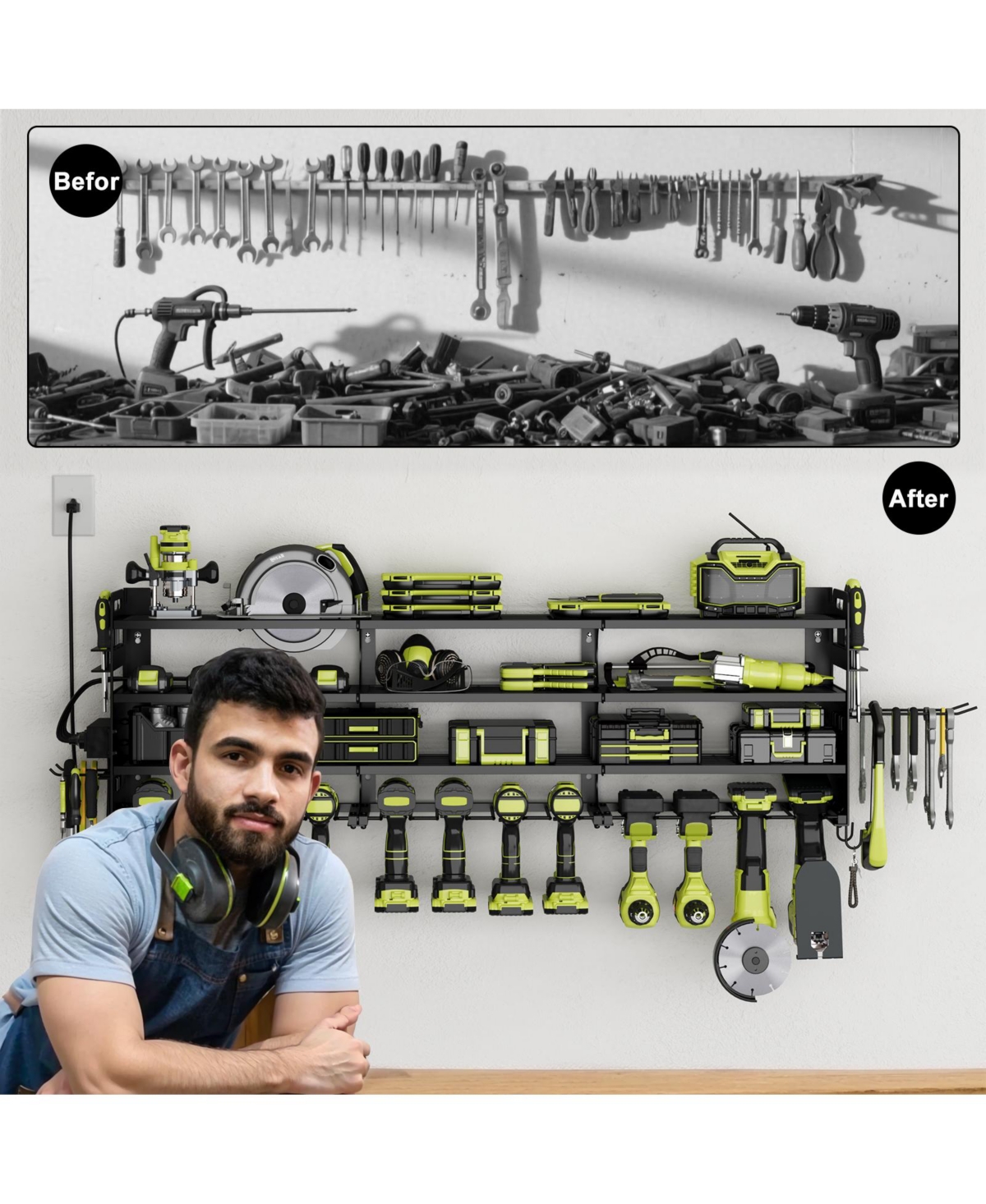 Hausource 4-Tier Power Tool Organizer with Pegboard, 12-Slot Drill Rack & Power Strip,Black