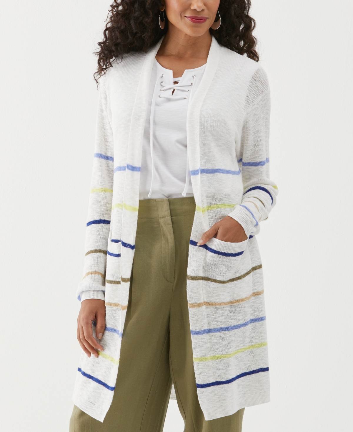 Ella Rafaella Women's Petite Organic Cotton-linen Blend Striped Duster Long Sleeve Cardigan Sweater In White