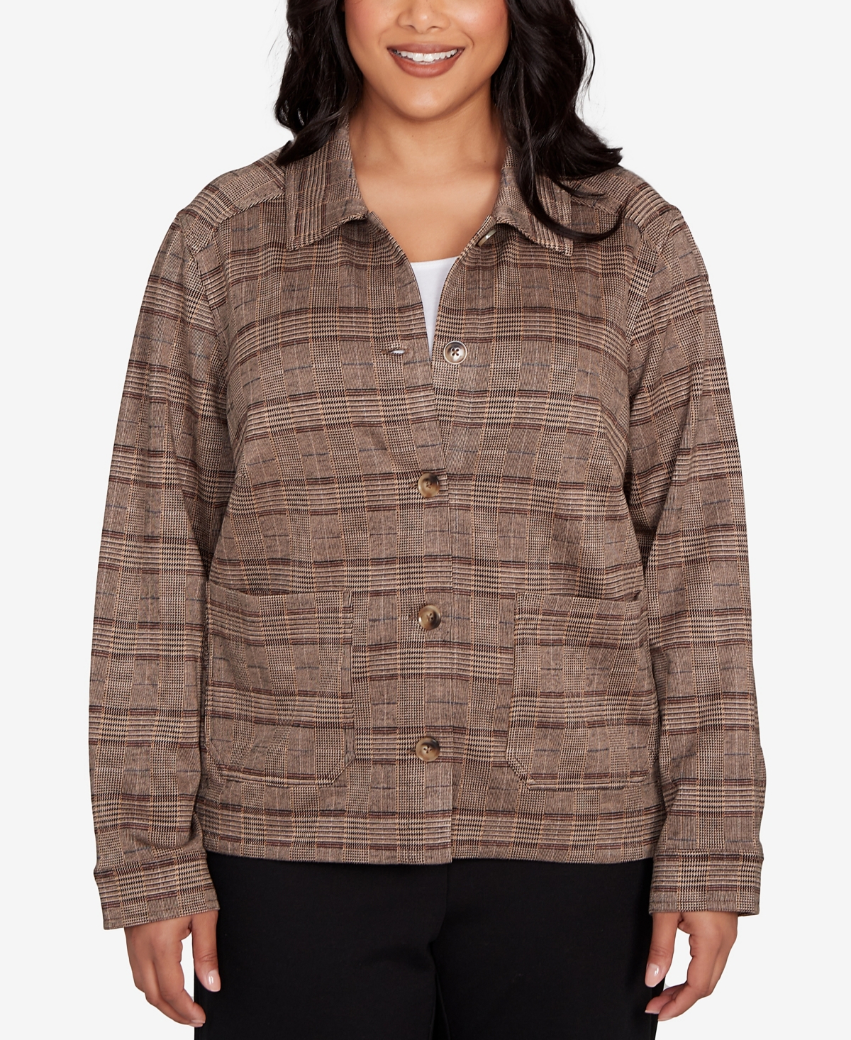 Hearts Of Palm Plus Size Long Sleeve Plaid Jacket In Brown