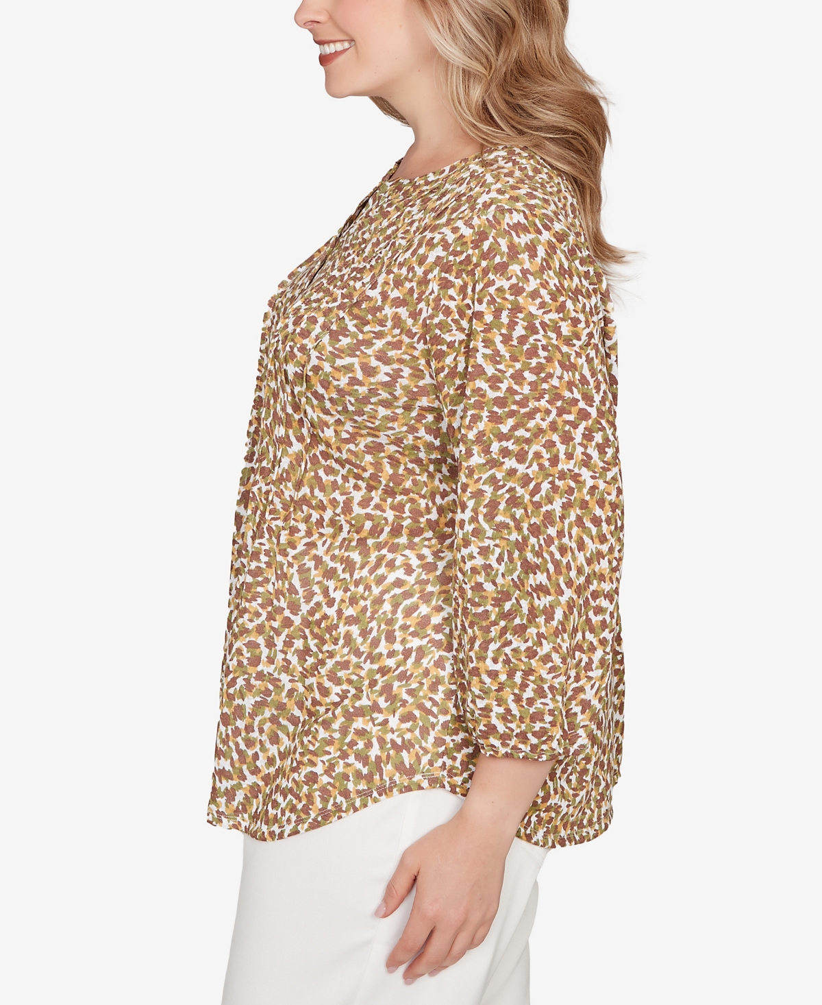 Hearts Of Palm Plus Size Printed 3/4 Sleeve Peasant Top In Multi