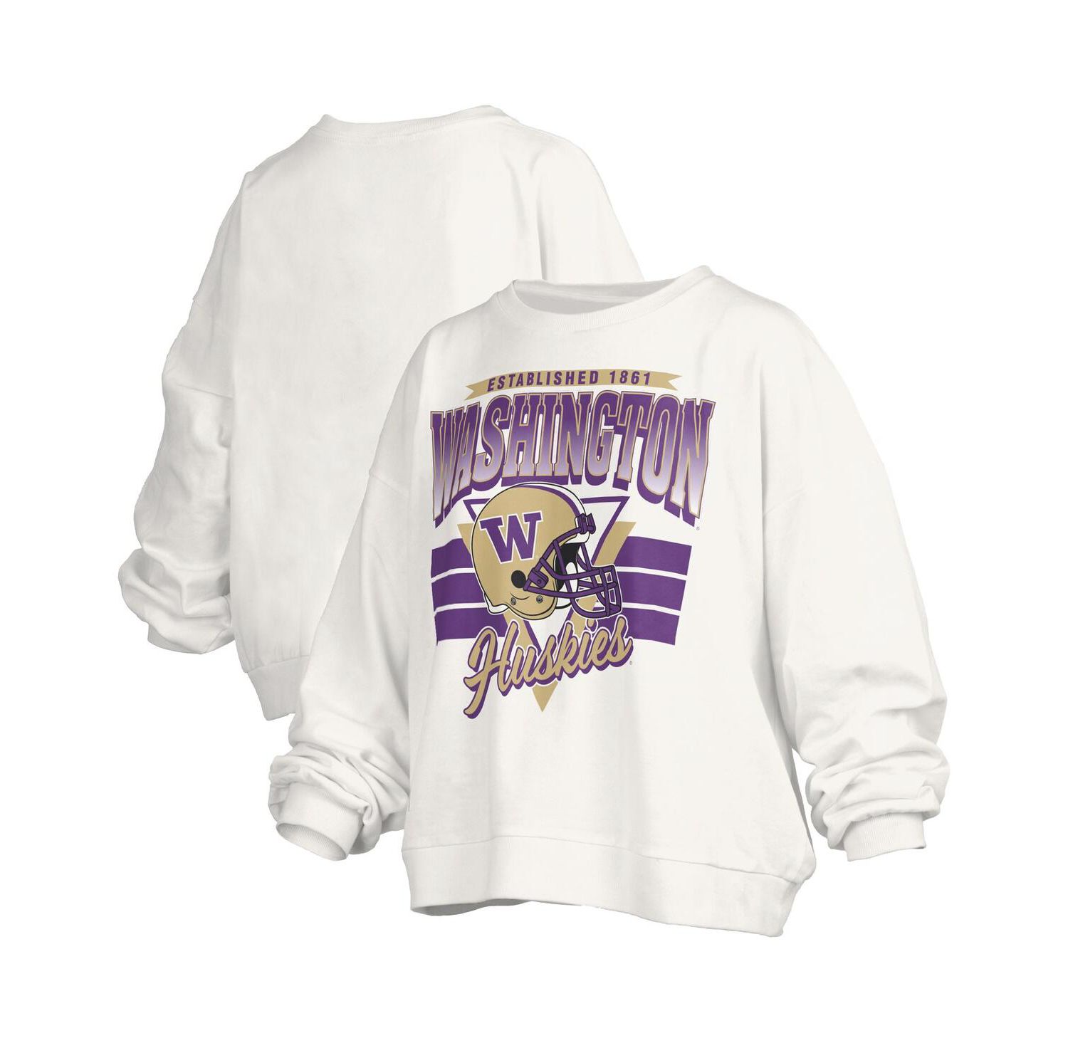 Women's White Washington Huskies Oversized Janice Retro Waist-Length Pullover Sweatshirt