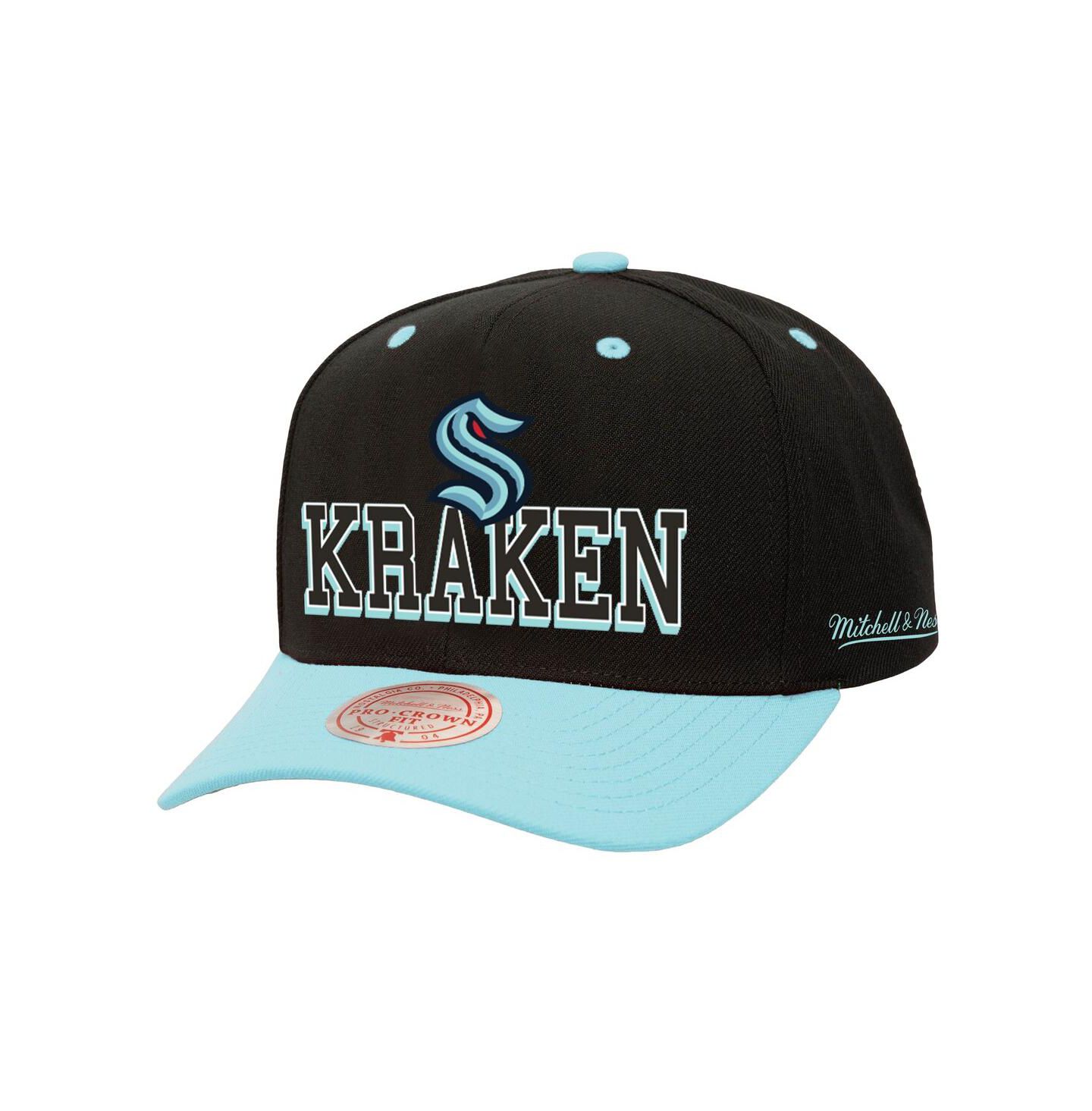 Мужская кепка Mitchell & Ness Mitchell Ness Black/Light Blue Seattle Kraken Backside Script Two-Tone Pro Crown Adjustable Hat — фото 1