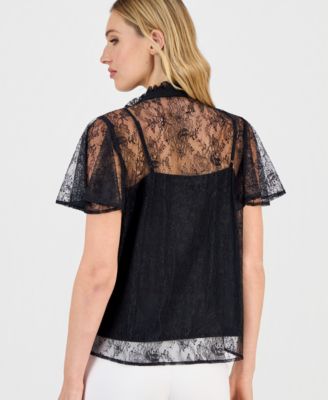 Women's Flutter-Sleeve Button-Front Lace Blouse