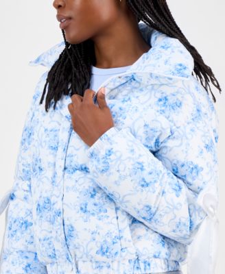Juniors' Printed Bow-Trim Puffer Jacket