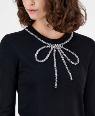 Petite 3/4-Sleeve Bow-Embellished Sweater