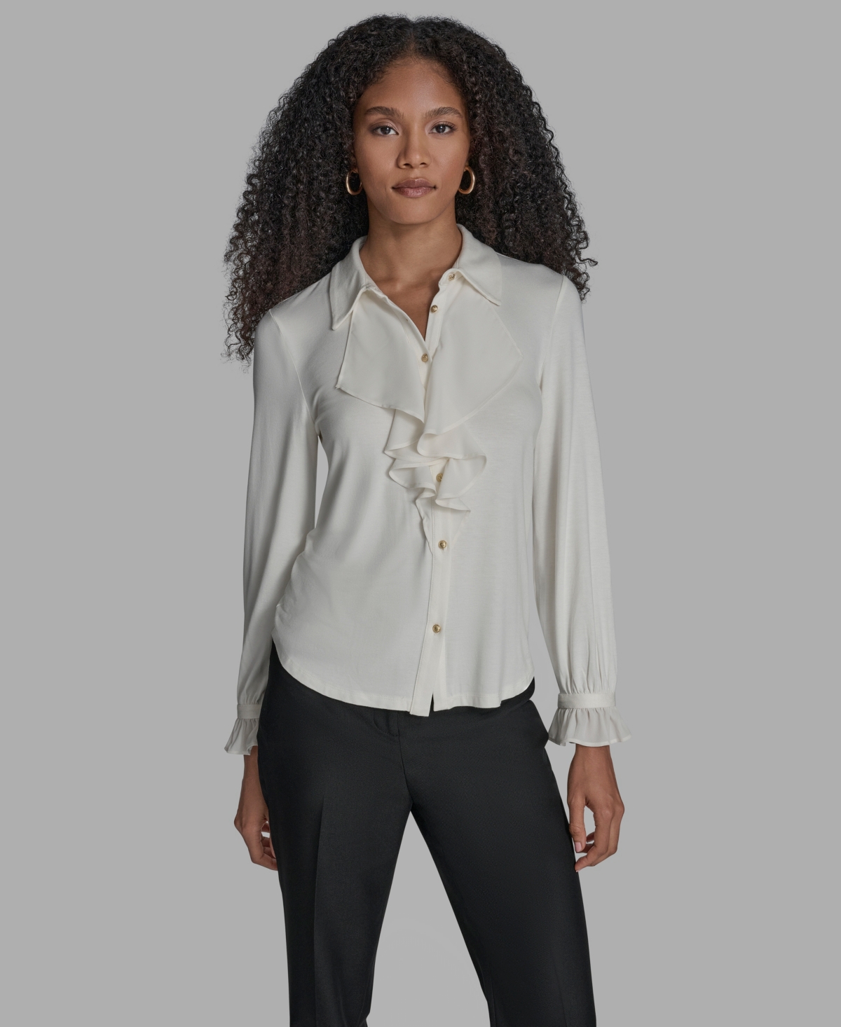 Bcbg Women's Button Down Ruffle Front Blouse In White