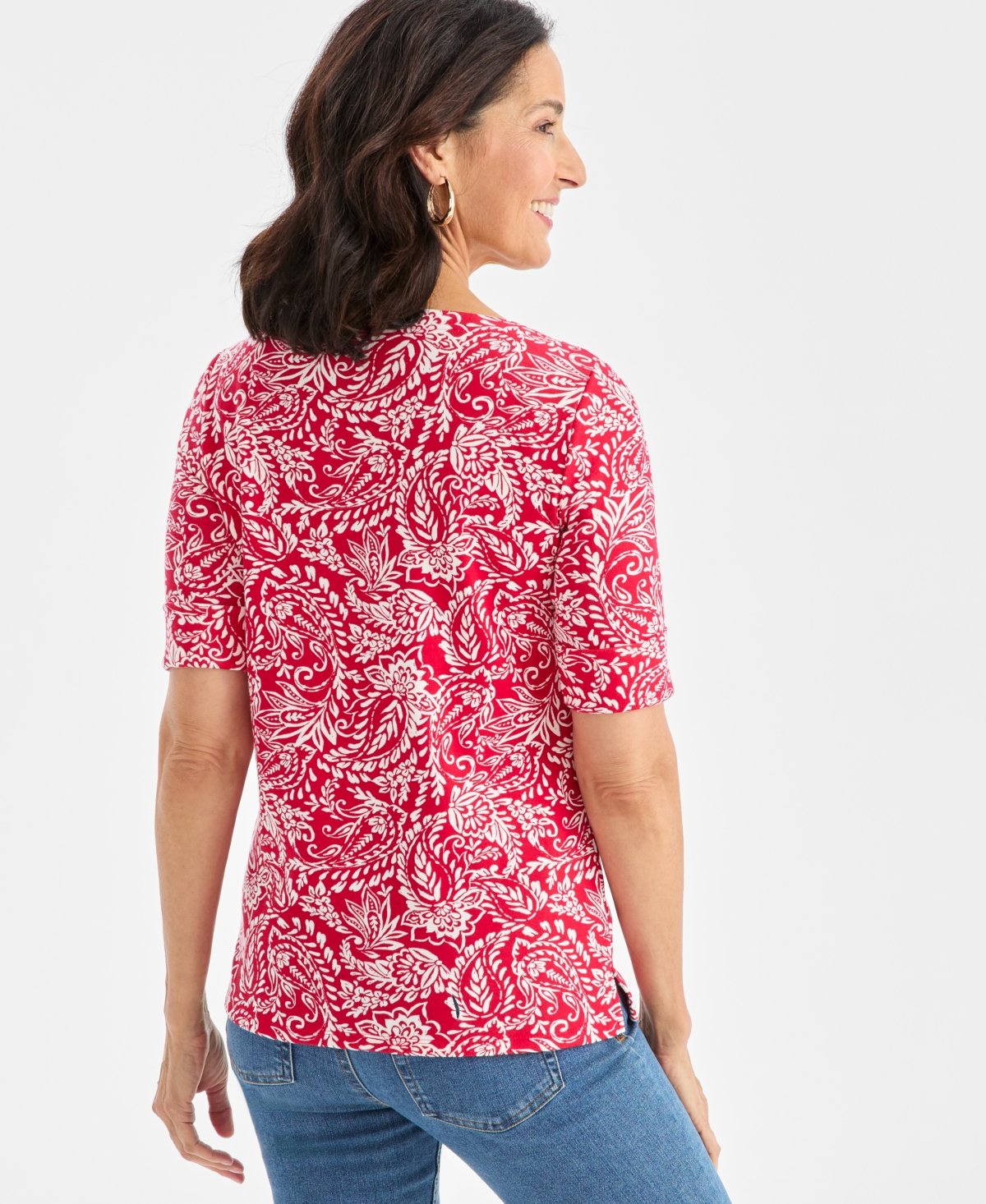 Style & Co Petite Floral Printed Elbow Sleeve Top, Macy's Exclusive In Red