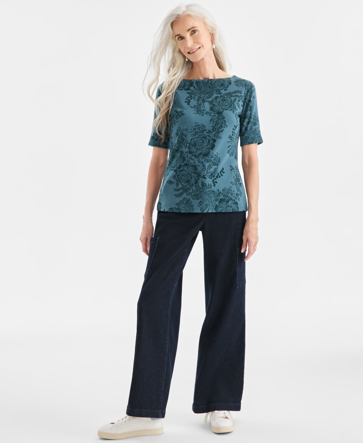 Style & Co Petite Floral Printed Elbow Sleeve Top, Macy's Exclusive In Blue
