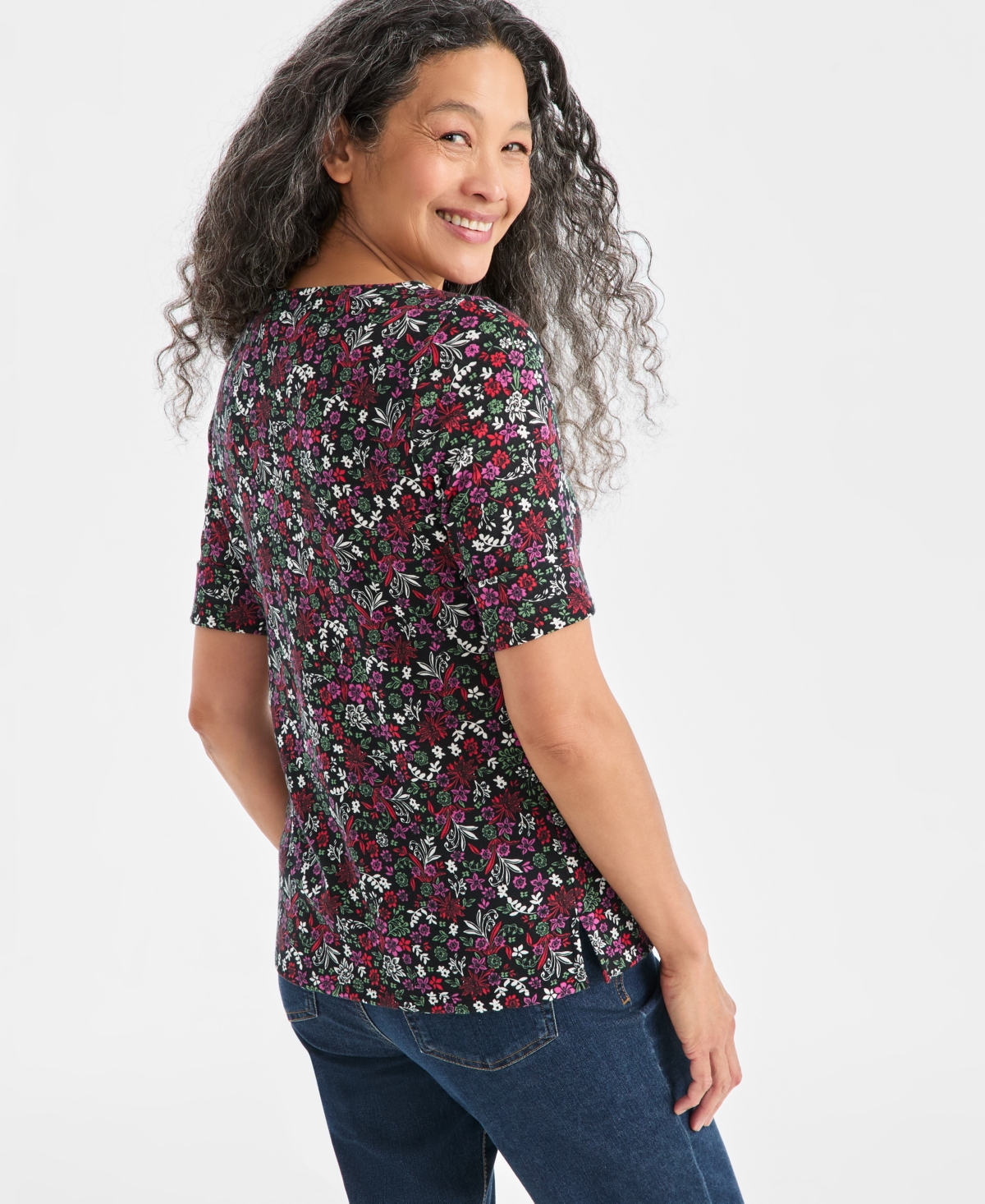 Style & Co Petite Floral Printed Boat Neck Top, Macy's Exclusive In Black