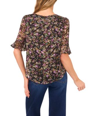 Women's Split Tie Neck Ruffle Cuff Top