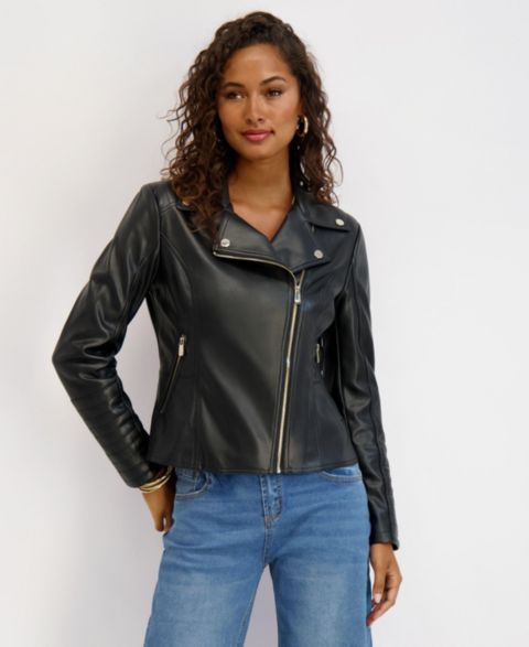 Женские куртки Kensie Asymmetrical PU Peplum Moto Jacket with Quilting Details
