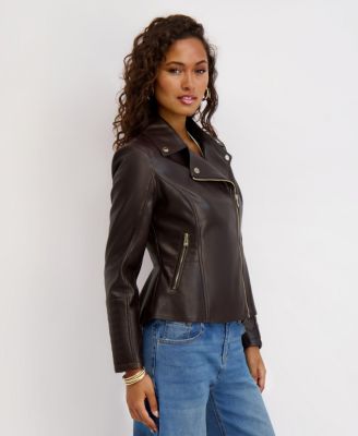 Women's Asymmetrical PU Peplum Moto Jacket with Quilting Details