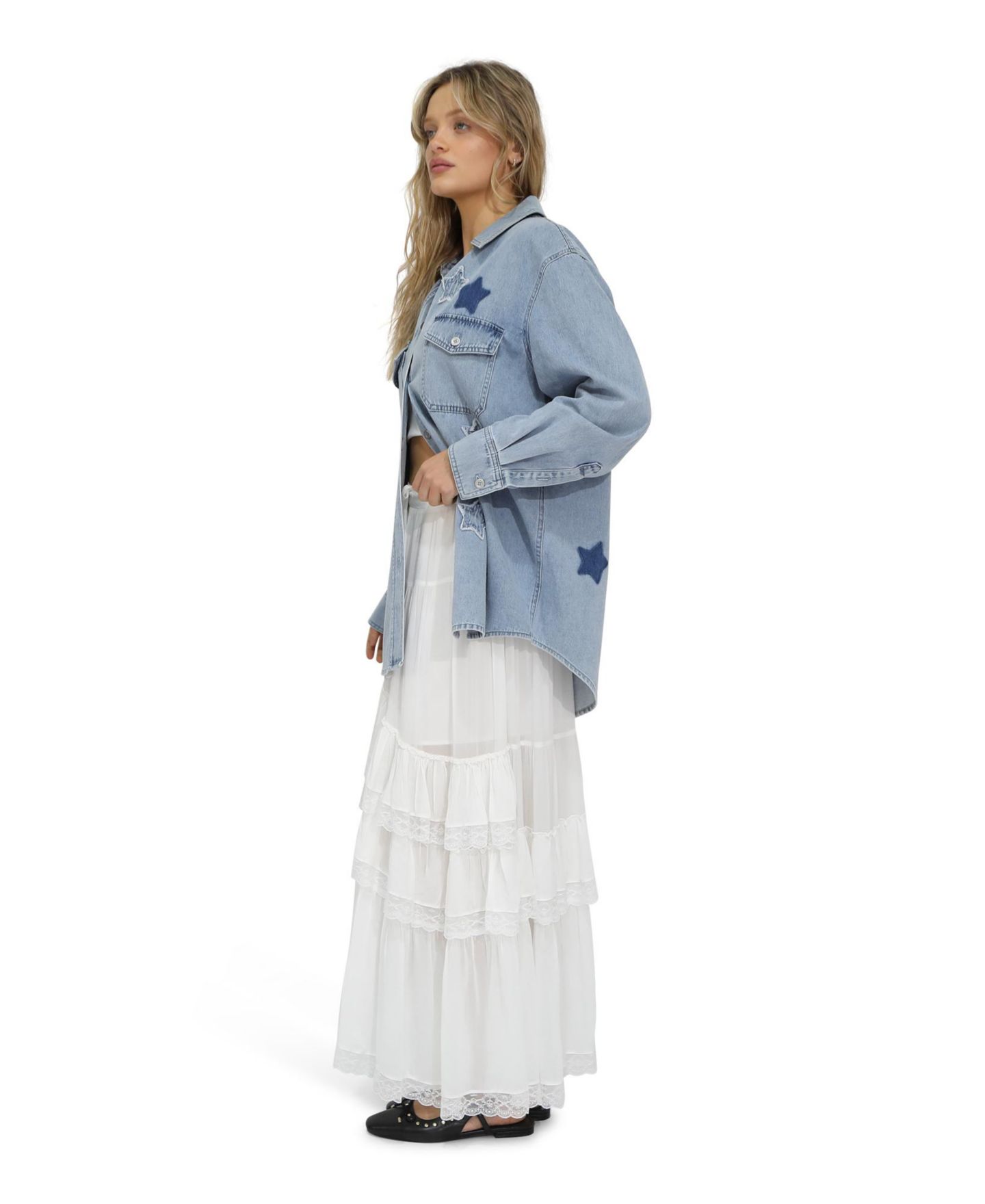 Женская рубашка Belle & Bloom Stargazer Patch Detail Denim Shirt, цвет: Стоунвош — фото 3