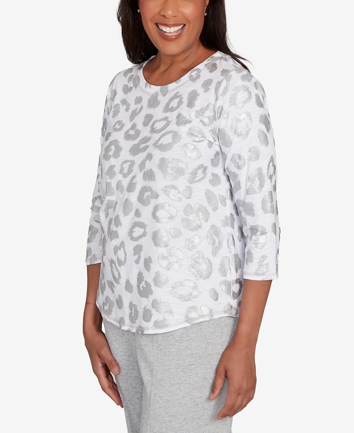 Alfred Dunner Petite Casual Vibe Monotone Crew Neck Animal Top In Gray