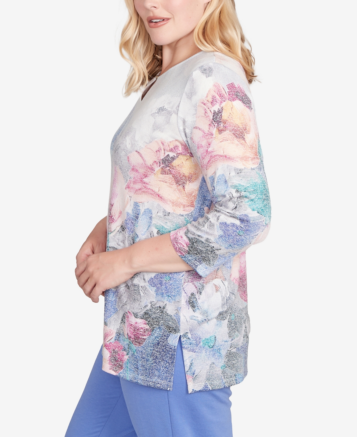 Alfred Dunner Petite Casual Vibe Floral Brushstroke Beaded Split Neck Top