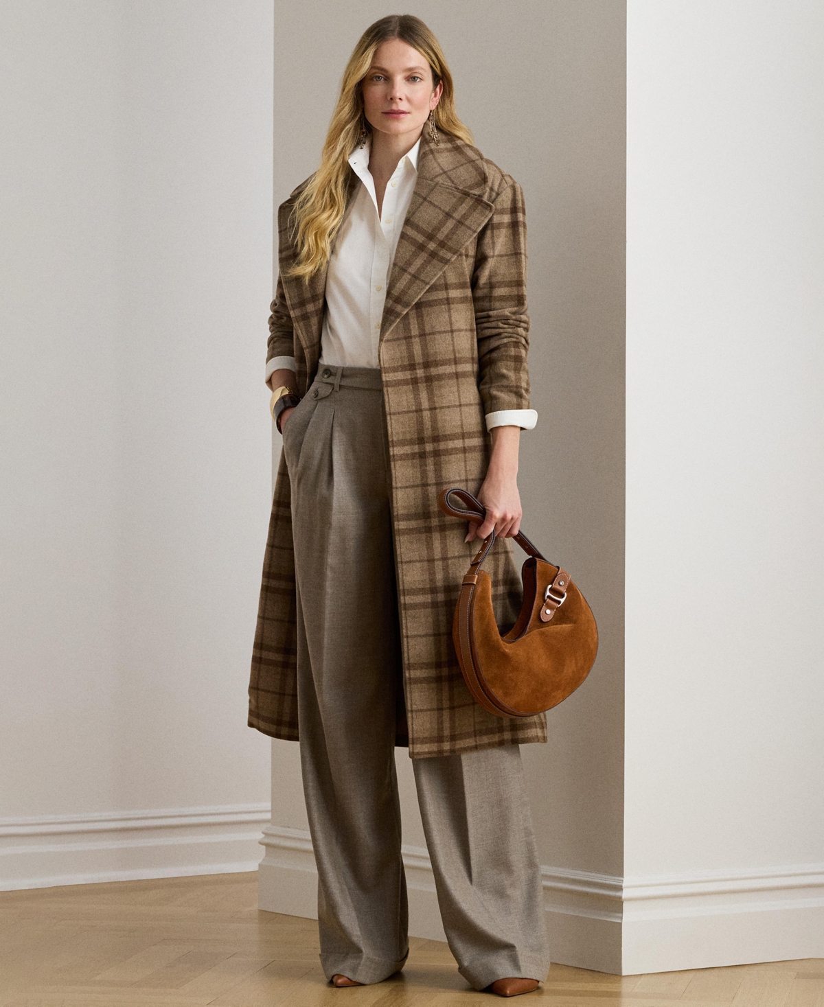 Ralph Lauren Pleated Wool Herringbone Wide-leg Pant In Brown