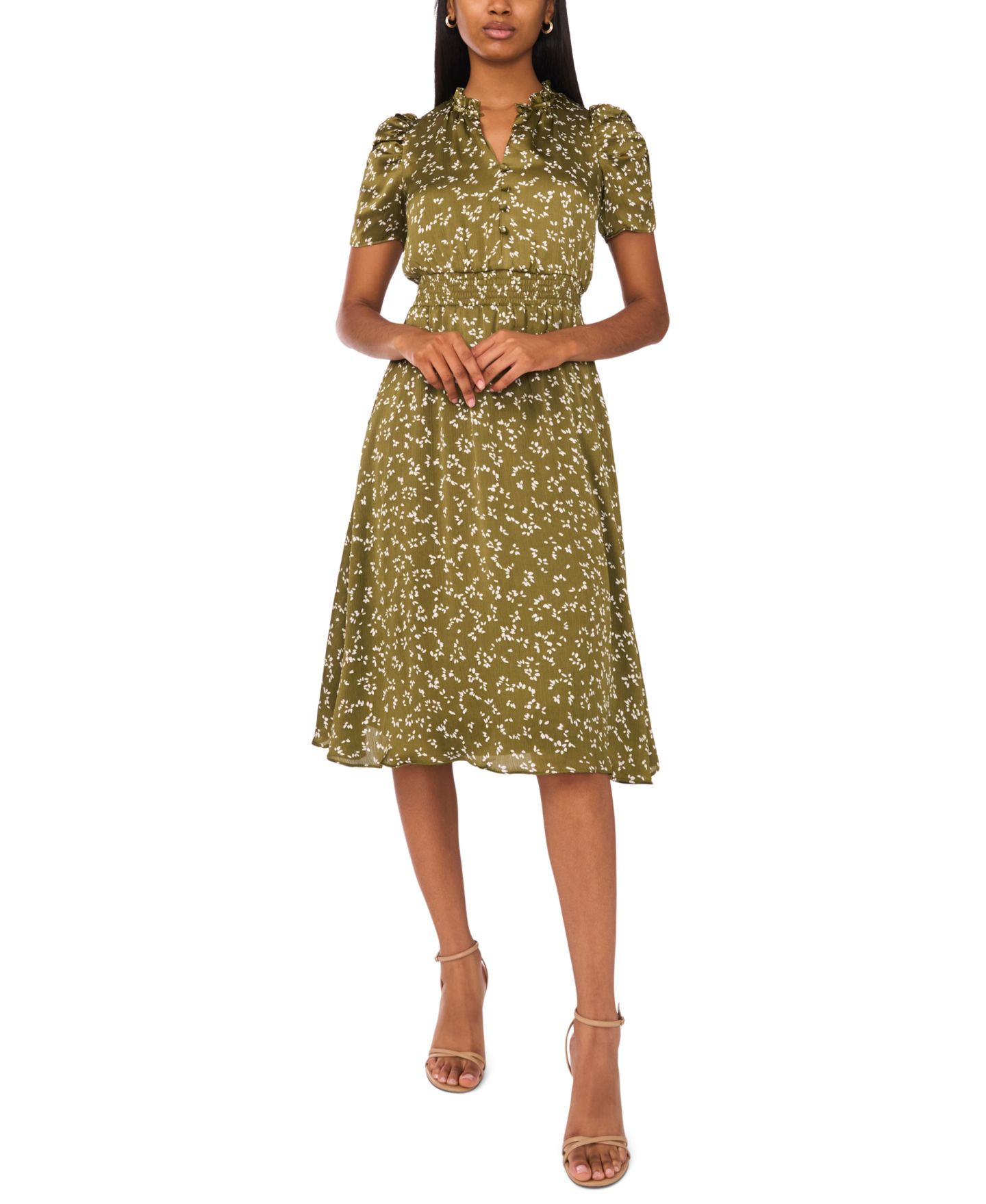 Женское платье MSK Petite Puff-Sleeve Chiffon Midi, цвет: Оливковый мох — фото 1