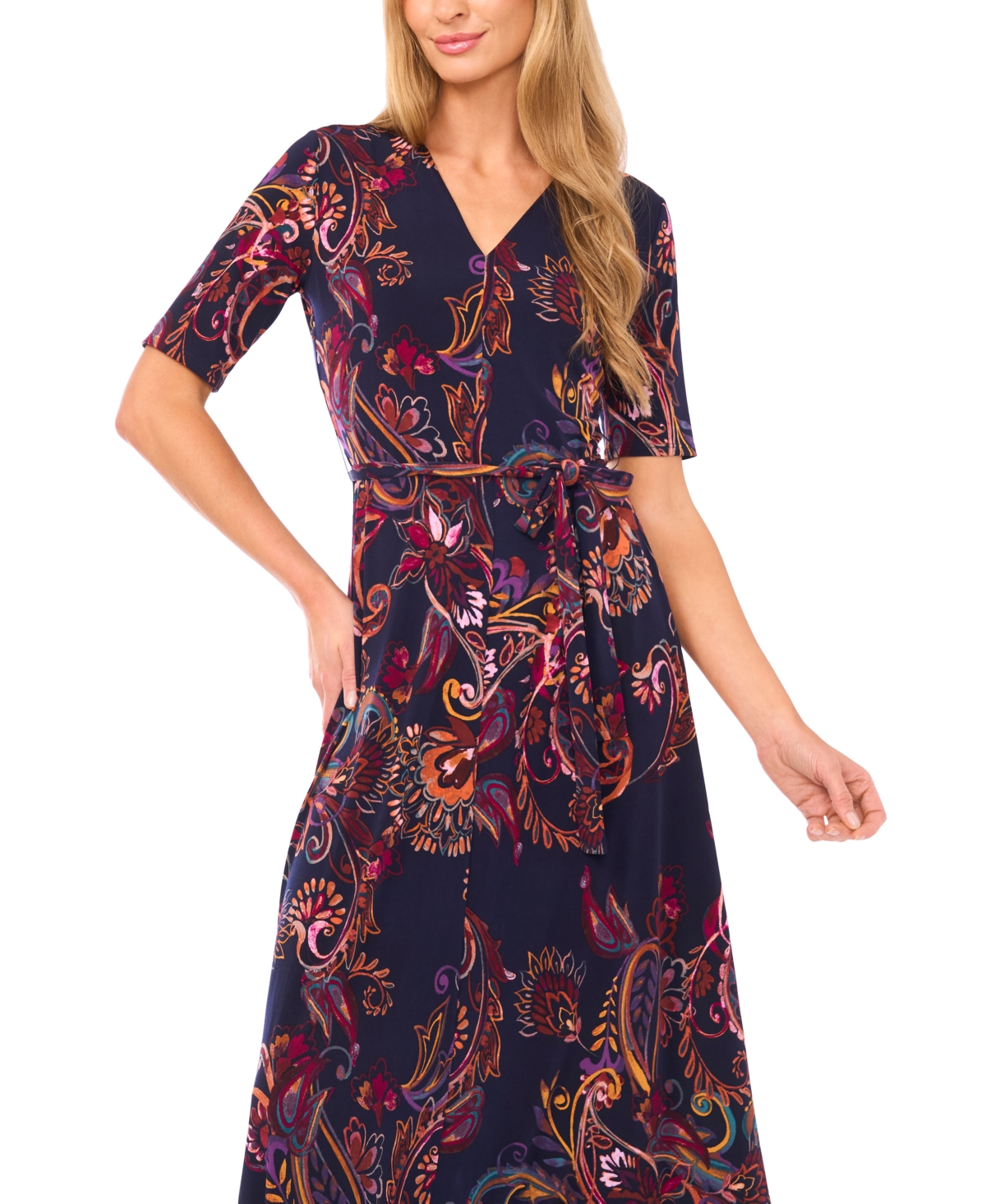 Msk Women's V-Neck Tie Waist Midi Dress