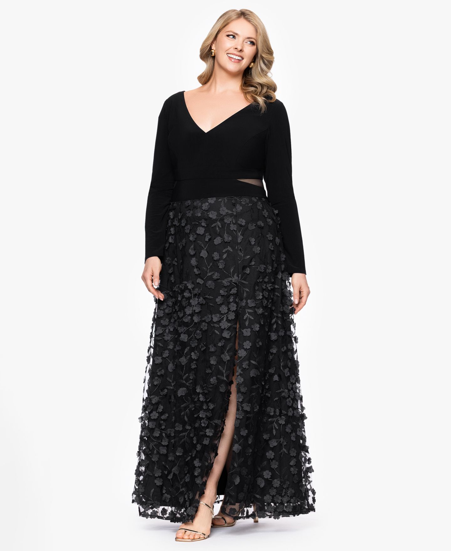 Женское платье XSCAPE Plus Size Long Sleeve Embellished, цвет: Чёрный — фото 2